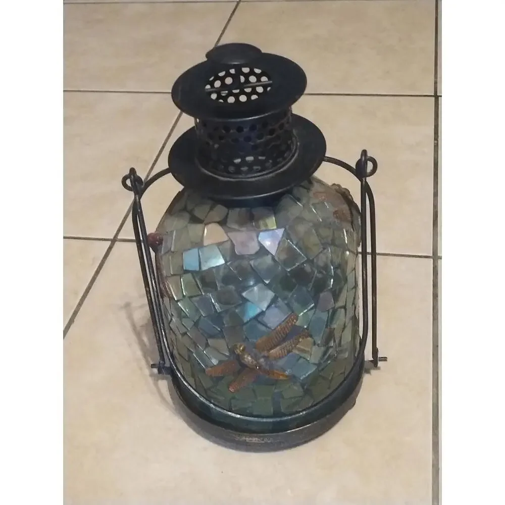 Dragonfly Mosaic Glass Garden Patio Tea‎ Light Holder Lantern with Handle